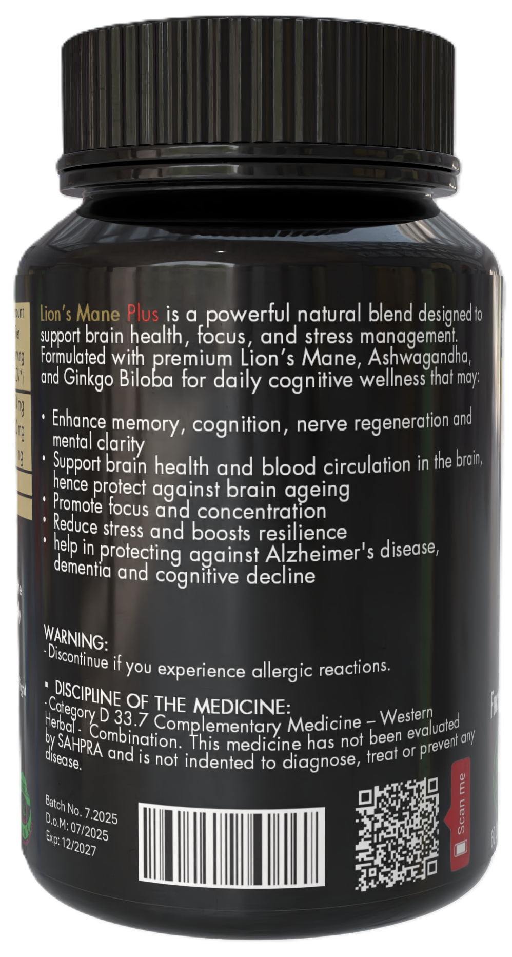 Lion's Mane Plus - Mental Clarity,  Memory & Stress Relief (60 Capsules - One Month Supply)